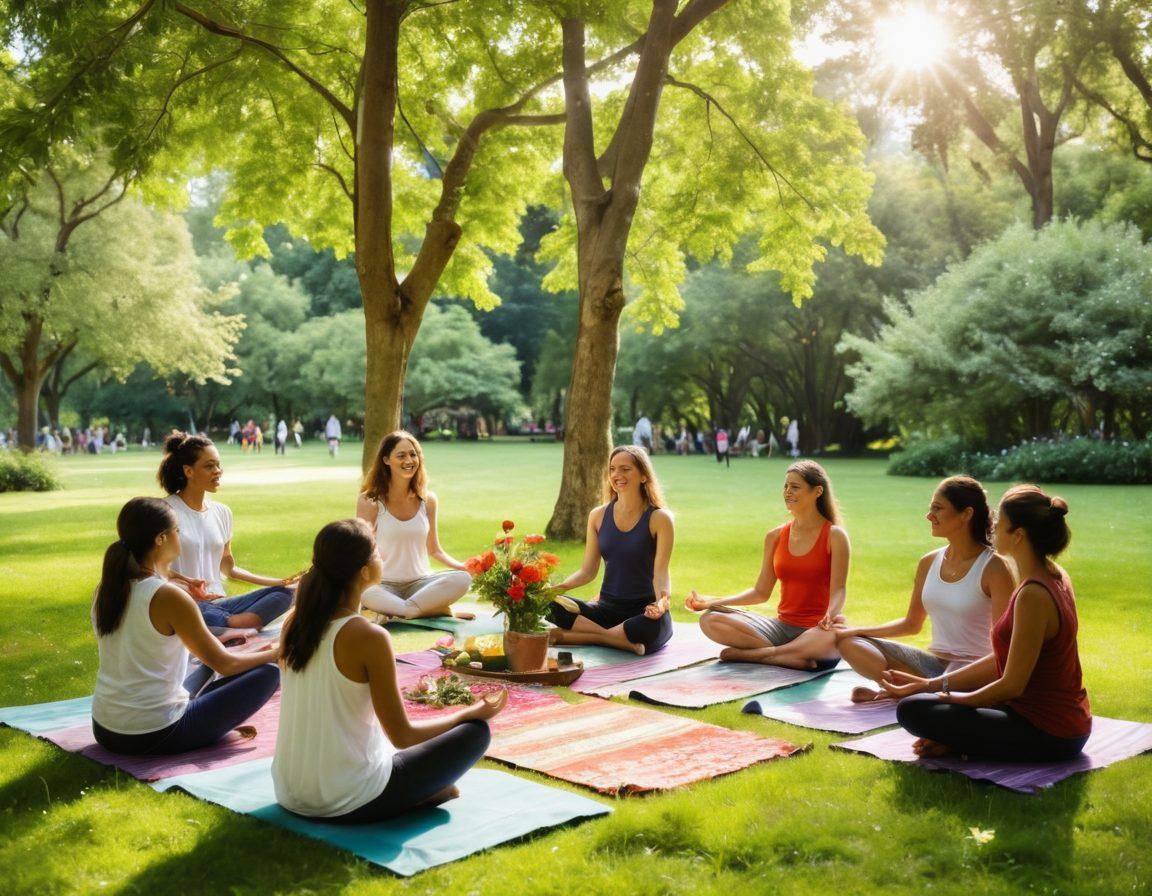 A serene community gathering in a lush, green park, showcasing diverse people engaging in meaningful conversations and activities that promote happiness and well-being. Sunlight filtering through the trees creates a warm, inviting atmosphere, with vibrant flowers blooming around the scene. Include elements of yoga, group laughter, and shared meals to depict connection and joy among the individuals. super-realistic. vibrant colors. peaceful ambiance.
