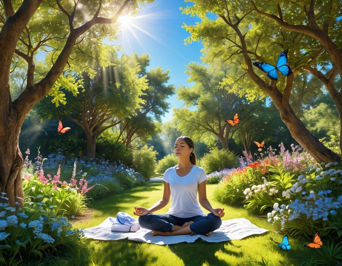 A serene landscape depicting a person meditating amidst a blooming garden, with soft rays of sunlight filtering through trees, symbolizing contentment and positivity. Include gentle butterflies fluttering around, representing joy, and a clear blue sky reflecting tranquility. The scene should evoke feelings of peace and satisfaction. super-realistic. vibrant colors.