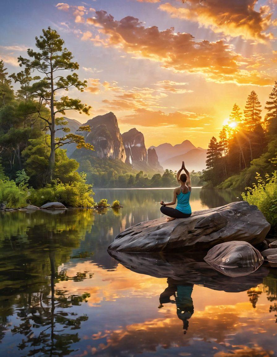 A serene landscape featuring a tranquil lake surrounded by lush greenery, with a radiant sunrise casting golden hues over the scene. In the foreground, a person practicing yoga on a calm rock, symbolizing inner peace and well-being. Soft, flowing colors convey a sense of bliss and tranquility, enhancing the theme of happiness. The composition should evoke feelings of calmness and positivity. super-realistic. vibrant colors. peaceful atmosphere.
